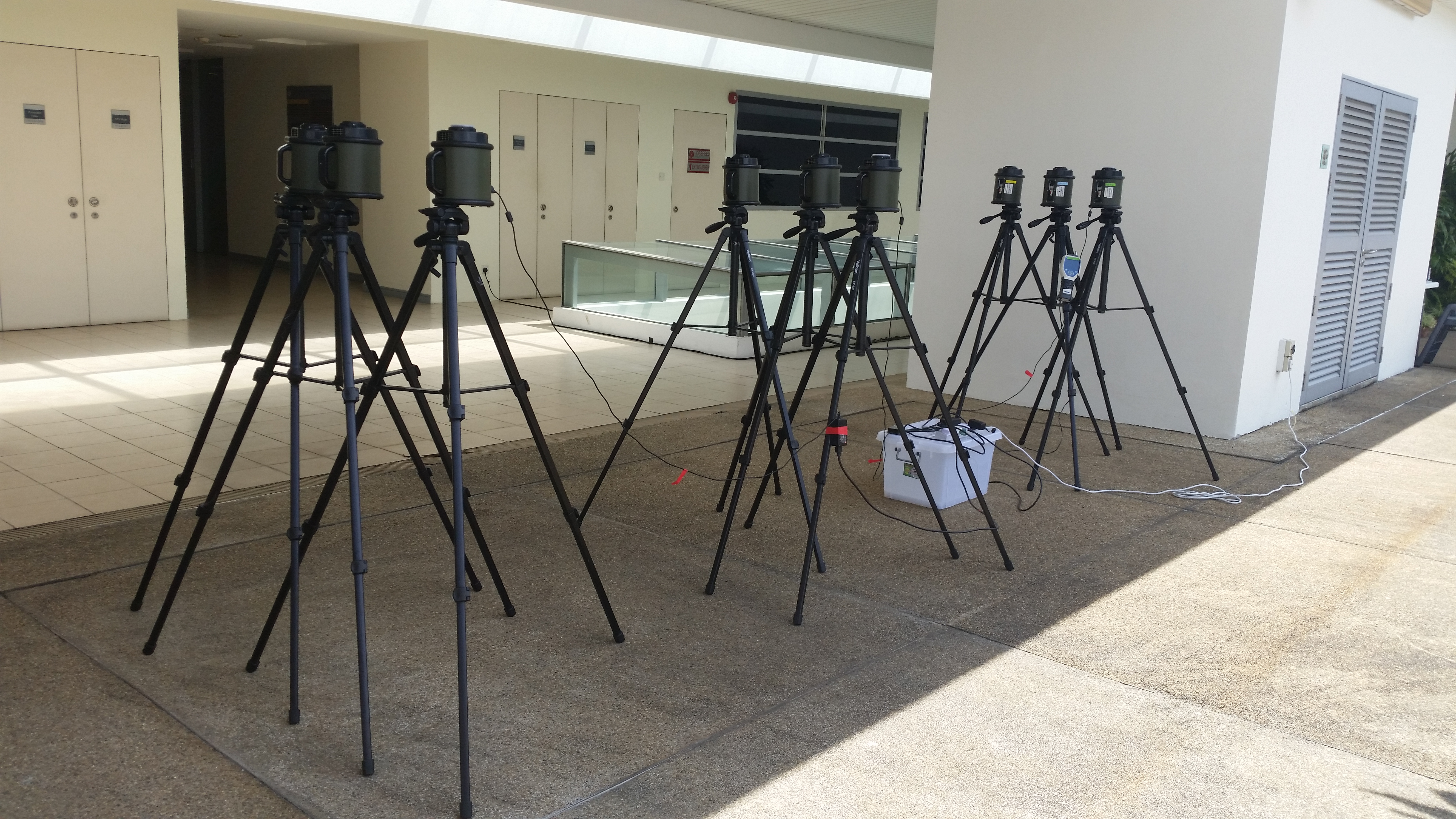 Nine SASS® 3100 air samplers on top of tripods located at a balcony at NTU